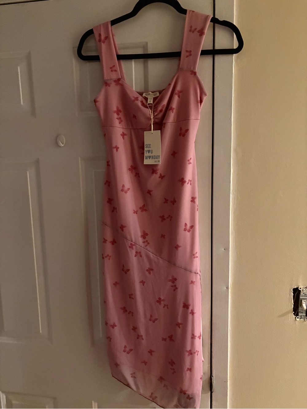 See You Monday Pink Butterfly-Print Midi Dress
